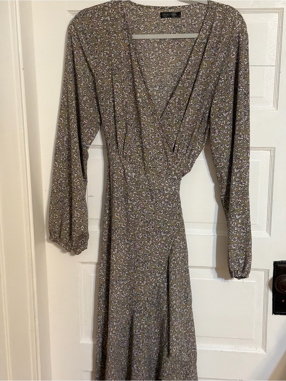 Floral Wrap-Style Long Sleeve Maxi Dress in Olive